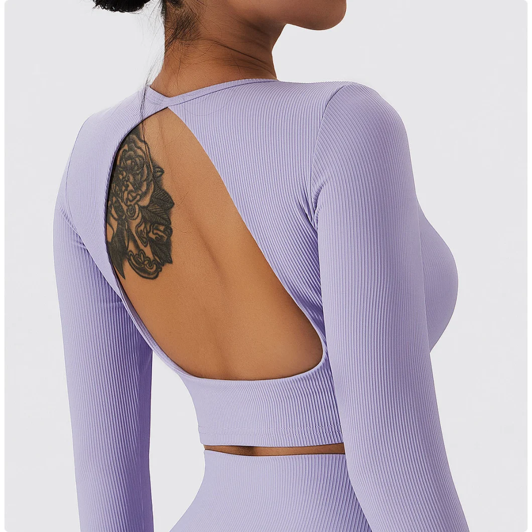 Sports Top with Logo Women′ S Crop with Chest Pad Crop Navel Fitness Long Sleeves Round Neck Backless Yoga Shirt Running T-Shirt