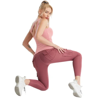 Hit Style Active Wear pour femmes une épaule gilet avec coupe amovible haut à manches longues poches latérales pantalon Yoga sport ensembles porter